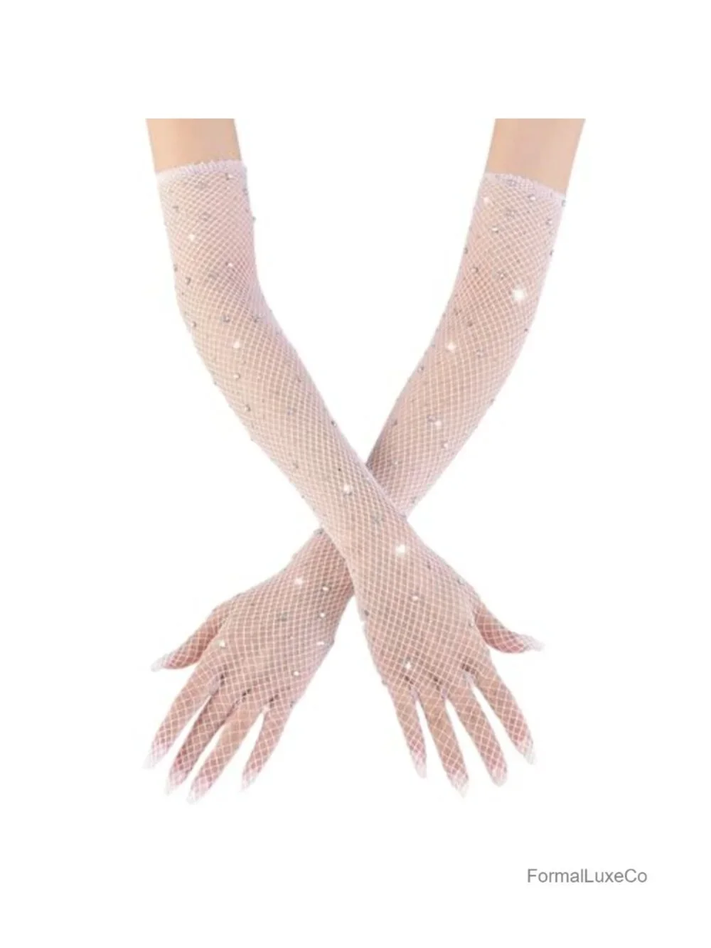 Rhinestone Fishnet Long Gloves - Sparkly Mesh Elbow Length for Parties, Weddings
